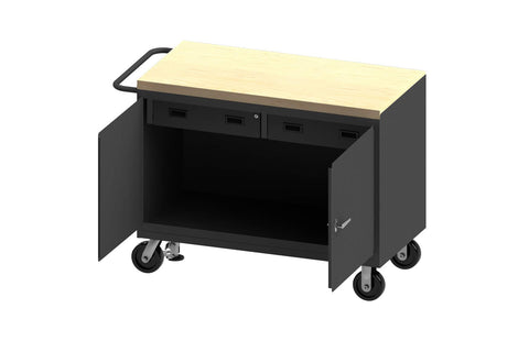 Mobile Bench Cabinet With 6 Inch X 2 Inch Phenolic Casters (2) Rigid And (2) Swivel 1 Shelf 2 Drawers And 2 Doors Maple Top Work Surface And Floor Lock With Tubular Push Handle Gray