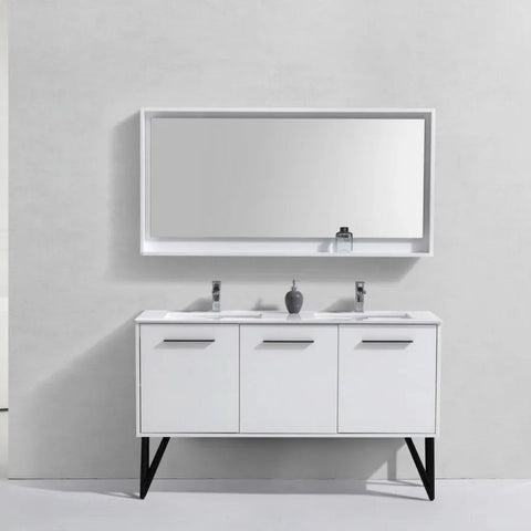 Oakestry Modern 60 Inch Double Sink Freestanding Bathroom Vanity with White Quartz Countertop Undermount Sinks and Matching Mirror