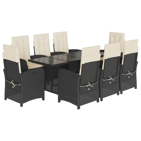 vidaXL 9 Piece Patio Dining Set with Cushions - Black Poly Rattan Outdoor Table and Reclining Chairs with Adjustable Backrests and Footrests - Garden, Backyard, Deck Furniture