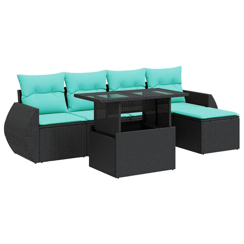 vidaXL 6 Piece Patio Sofa Set with Cushions Black Poly Rattan Acacia, Garden Sofa Set, Garden Lounge Set, Poly Rattan Sofa Set, Outdoor Sofa Set