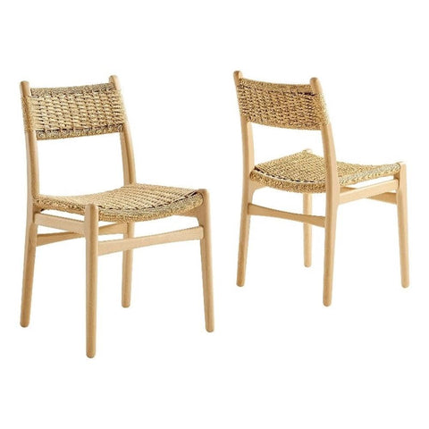 Modway Wynn Wood and Rope Dining Side Chairs Set of 2 in Natural Natural - Armless Kitchen Table Chairs - Modern Mid-Century Accent Chairs for Living Room, Reception Area, Office