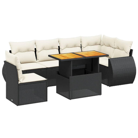 vidaXL 7 Piece Garden Sofa Set Modular with Cushions Black and Cream Weather Resistant Furniture for Outdoor Patio Balcony Sectional Sets Lounge Poly Rattan