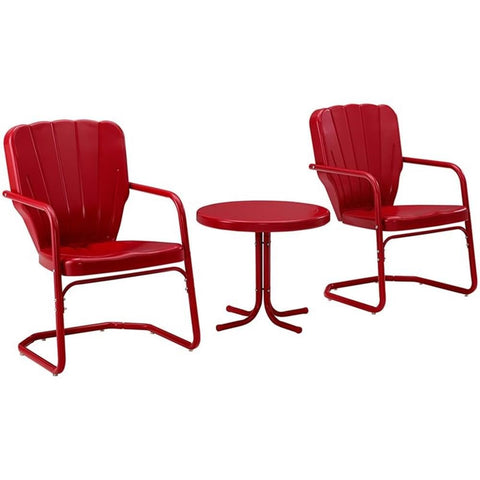 Crosley Furniture Ridgeland 3-Piece Outdoor Chair and Side Table Set, Retro Metal Bistro Patio Sets for Deck, Red