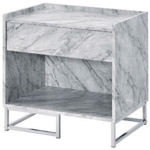 Acme Azrael Faux Marble Nightstand with Metal Base in White and Chrome