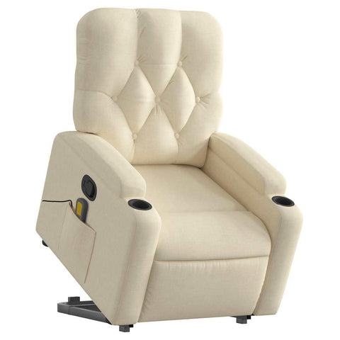 vidaXL Power Lift Massage Recliner Chair - Cream Fabric Wingback Armchair with Manual Recline, Vibration Massage, Cup Holders for Living Room