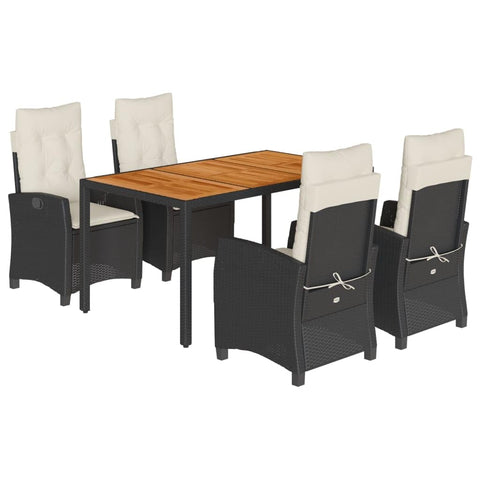 vidaXL 5 Piece Patio Dining Set with Cushions - Black Poly Rattan, Acacia Wood Top, Adjustable Reclining Chairs for Garden, Backyard, Patio - Weather-, Comfortable