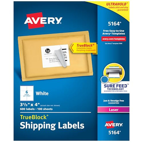 Avery White Shipping Labels for Laser Printers with TrueBlock Technology 3 1/3 Inch x 4 Inch, Box of 600 (5164)