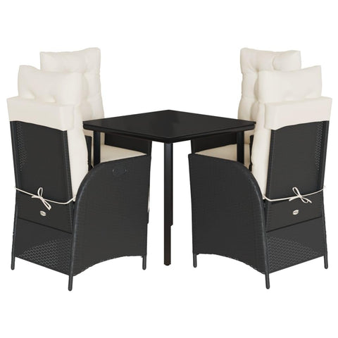 vidaXL 5 Piece Patio Dining Set with Cushions - Black Poly Rattan, Tempered Glass Tabletop, Adjustable Reclining Chairs, Outdoor Garden & Patio Furniture Set