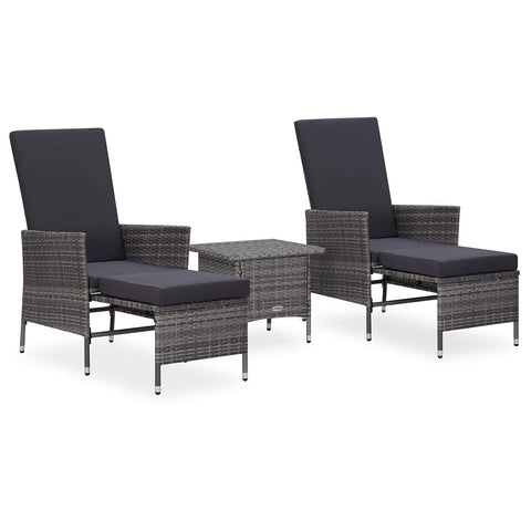 vidaXL 3 Piece Scandinavian Style Patio Lounge Set - Grey Poly Rattan Outdoor Furniture Set with Powder-Coated Steel Frame, Removable Cushions and Foldable Backrests