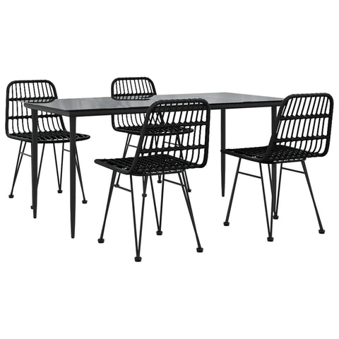 vidaXL Modern 5 Piece Patio Dining Set - Weather- Black Poly Rattan with Glass Top Table and Steel Frames - Easy to Clean - Comfortable Seating with Backrest.