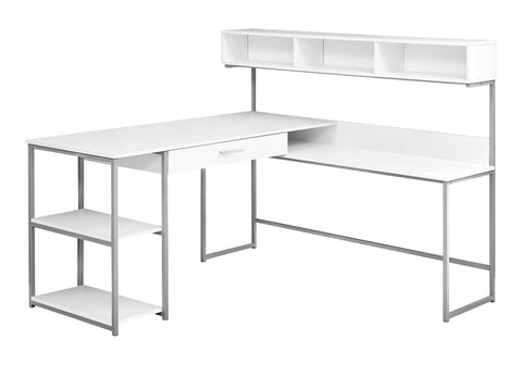 Monarch Specialties Workstation for Home & Office with Multiple Shelves and Drawer L-Shaped Corner Desk with Hutch, 60" L, White/Silver Frame