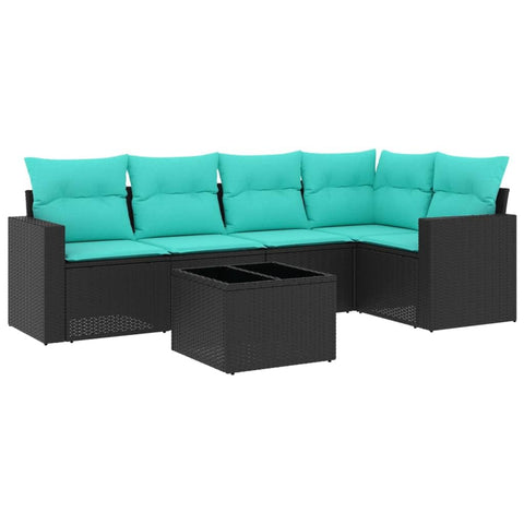 vidaXL Patio Sofa Set with Cushions 6 Piece, Sectional Sofa with Glass Table, Outdoor Conversation Set, Patio Furniture, Black Poly Rattan
