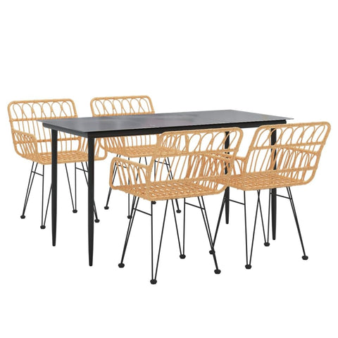 vidaXL 5-Piece Dining Set for Patio with PE Rattan, Steel Frame and Tempered Glass Tabletop â€“ Comfortable Chairs with Backrest and Armrests â€“ Includes Practical Footpads