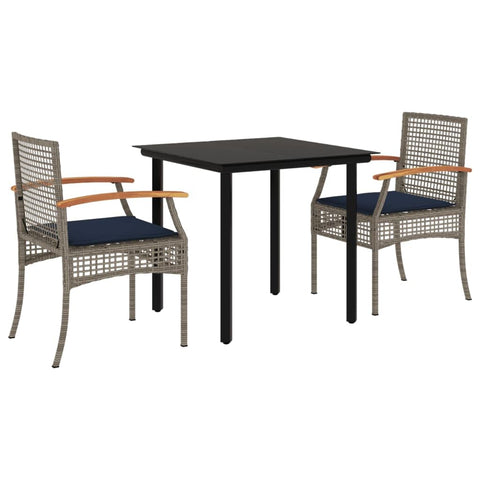 vidaXL Patio Dining Set with Cushions - 3 Piece, Gray PE Rattan, Tempered Glass Tabletop, Steel Frame, Navy Cushions, for Garden/Patio
