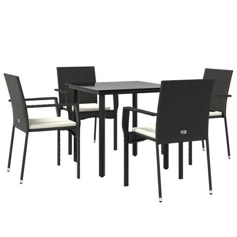 vidaXL 5pc Black PE Rattan and Powder-Coated Steel Patio Dining Set with Cream Cushions and Tempered Glass Table + Easy Assembly