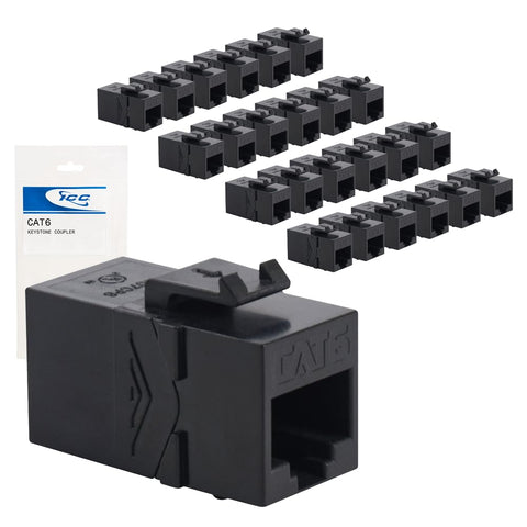 ICC CAT6 RJ45 Inline Keystone Couplers, 8P8C Female-to-Female Jacks, Feed-Through PCB Modules for Wall Plates & Patch Panels, UL Listed, Black, 25-Pack