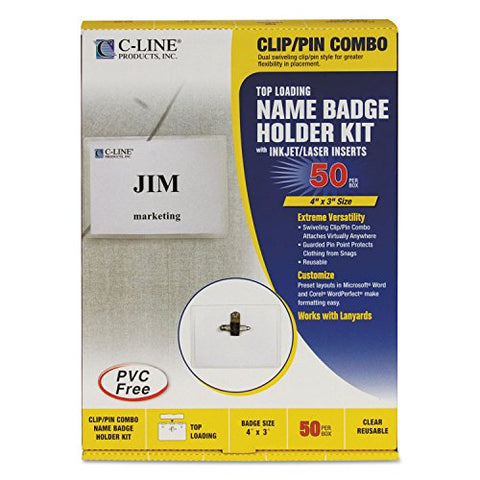 C-Line Clip/Pin Combo Style Name Badge Holders with Inserts, 4 x 3 Inches, 50 per Box (95743)