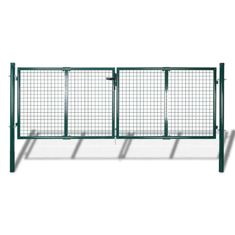 vidaXL Steel Fence Gate 120.5"x59.1" in Dog-Ear Style, Corrosion Resistant, Easy Installation with Bolt Hinges & Side Posts - Dark Green Finish