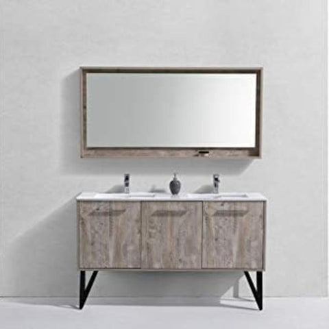 Oakestry Bosco 60 Inch Nature Wood Freestanding Double Sink Modern Bathroom Vanity with White Quartz Countertop and Matching Mirror