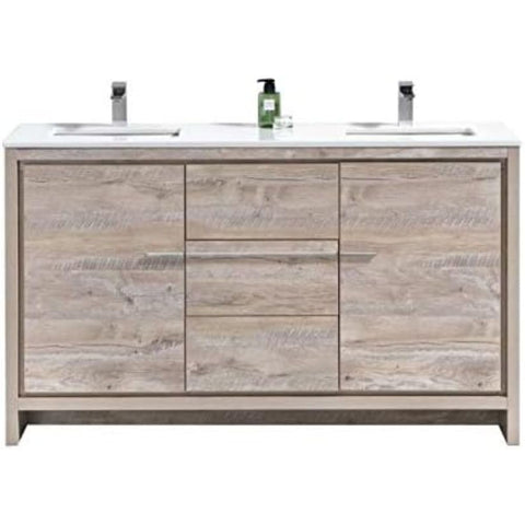 Oakestry Dolce 60 Inch Double Sink Freestanding Nature Wood Modern Bathroom Vanity with White Quartz Countertop and Soft Close Drawers