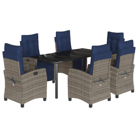 vidaXL 5-Piece Gray Poly Rattan Patio Dining Set - Tempered Glass Table & Adjustable Chairs with Navy Cushions for Garden & Outdoor