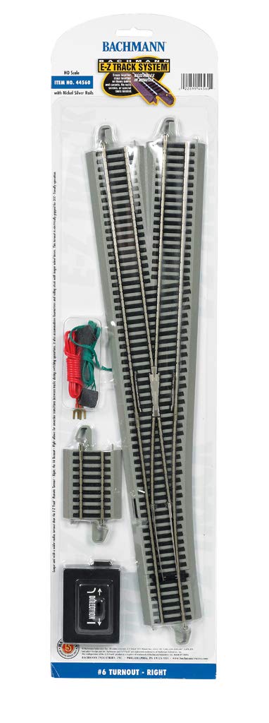 Bachmann Trains - Snap-Fit E-Z TRACK #6 TURNOUT - RIGHT (1/card) - NICKEL SILVER Rail With Gray Roadbed - HO Scale