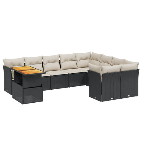 vidaXL 10 Piece Garden Sofa Set with Cushions | Adjustable Table & UV Resistant Outdoor Furniture for 9 | Black Cream Color Patio Lounge Poly Rattan Sectional