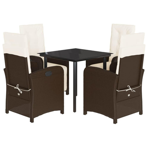 vidaXL 5 Piece Patio Dining Set with Cushions - Brown Poly Rattan Outdoor Furniture with Glass Table & Adjustable Reclining Seats for Garden, Backyard, Deck, Patio