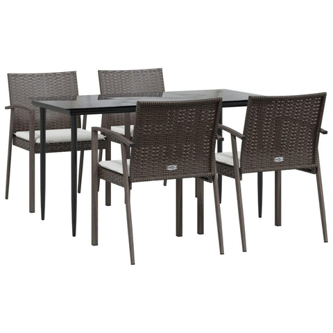 vidaXL Modern 5-Piece Patio Dining Set with Cushions, Poly Rattan and Steel for Garden or Patio, Weather-, Comfortable Seating with Armrests, Tempered Glass Tabletop