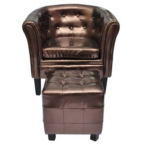 vidaXL Tub Chair with Matching Footstool in Brown Faux Leather - Elegant Studded Armchair and Stool Set Ideal for Office, Reception, or Residential Areas
