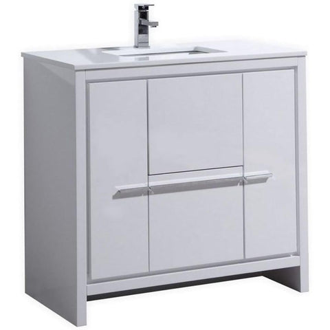 Oakestry Dolce 36 Inch High Gloss White Freestanding Modern Bathroom Vanity with White Quartz Countertop Undermount Sink and Soft Close Drawer