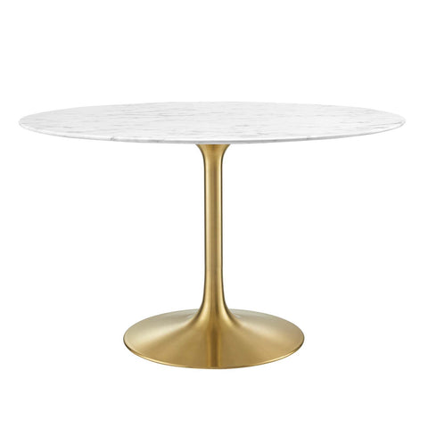 Modway Lippa 47" Mid-Century Dining Table with Round Artificial Marble Top in Gold White