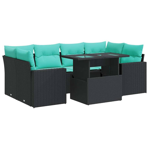 vidaXL 7 Piece Patio Sofa Set with Cushions Black Poly Rattan Acacia, Garden Sofa Set, Garden Lounge Set, Poly Rattan Sofa Set, Outdoor Sofa Set