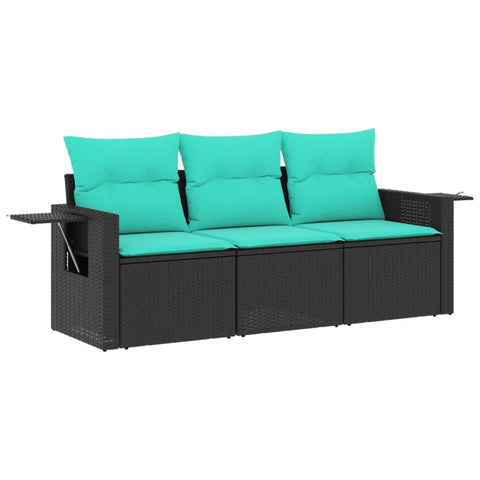 vidaXL Black 3 Piece Patio Sofa Set w/Blue Cushions - Outdoor Poly Rattan Garden Furniture with Modular Design and Foldable Side Tables