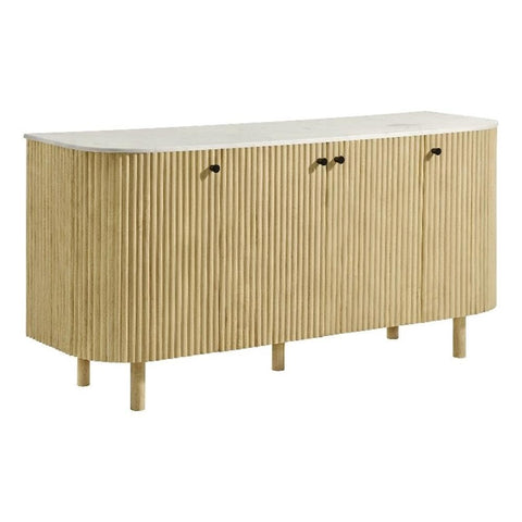 Modway Caldera 60-Inch Curved Solid Wood Fluted Sideboard in Natural with Marble Top – Large 4-Door Storage Accent Cabinet with Adjustable Shelves
