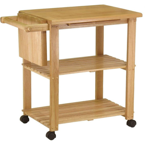 Oakestry Mario Utility Kitchen Cart Natural Finish Featuring Solid Composite Wood Construction with Pull Out Cutting Board Integrated Knife Block and Towel Rack for Enhanced Functionality