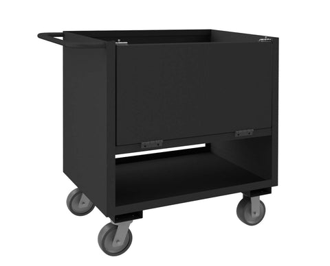 4 Sided Solid Box Truck With 6 Inch x 2 Inch Polyurethane Casters (2) Rigid And (2) Swivel 2 Shelves Tubular Push Handle And Drop Gate