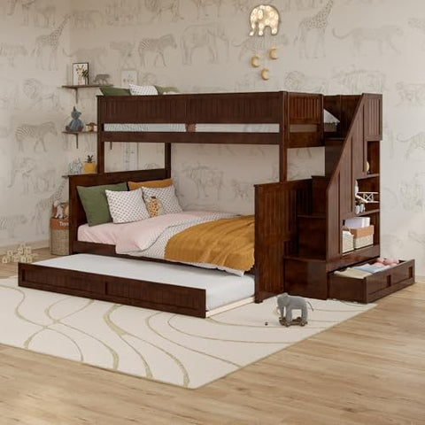Dover Twin over Full Staircase Bunk Bed with Storage Drawer and Twin Trundle in Walnut