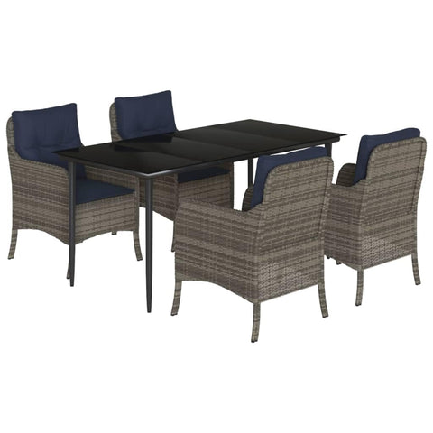 vidaXL 5-Piece Outdoor Dining Set - Gray PE Rattan Chairs & Black Table with Navy Cushions, Tempered Glass Top, Weather-