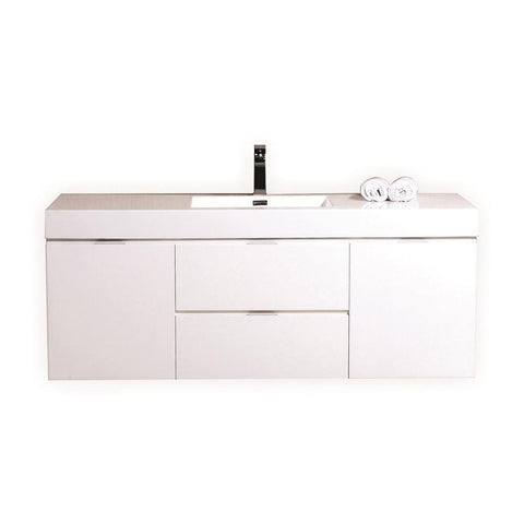 Kubebath Bliss 60" Single Sink High Gloss White Wall Mount Floating Modern Bathroom Vanity