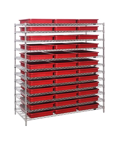 Quantum Storage Systems WR12-93030RD Wire Heavy Duty 12 Shelves 36 Dividable Grid Red Bins 63" H x 60" W x 24" D