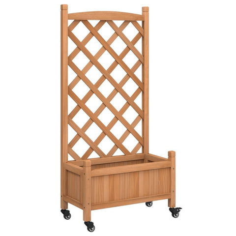 vidaXL Outdoor Planter with Trellis and Wheels - Brown Solid Fir Wood Flower Box, Ideal for Patio, Garden, and Balcony