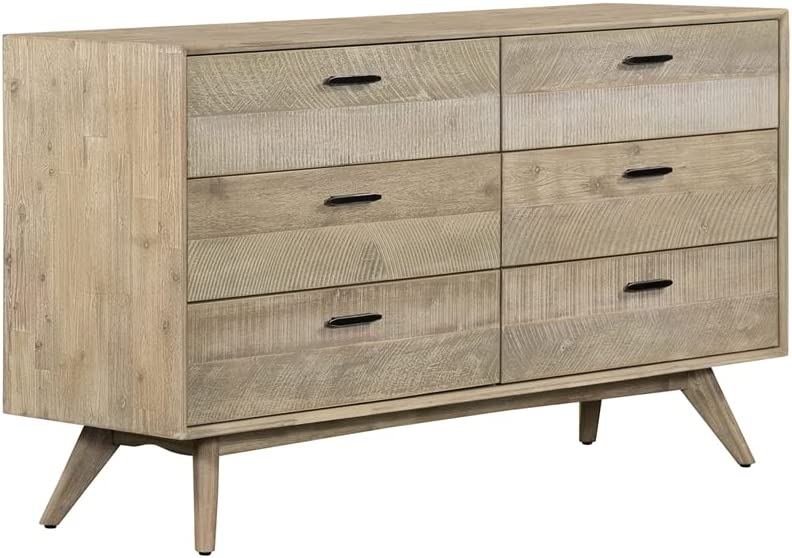 Armen Living Baly Acacia Mid-Century 6 Drawer Dresser, Gray Sandblast Summer/Black Handle