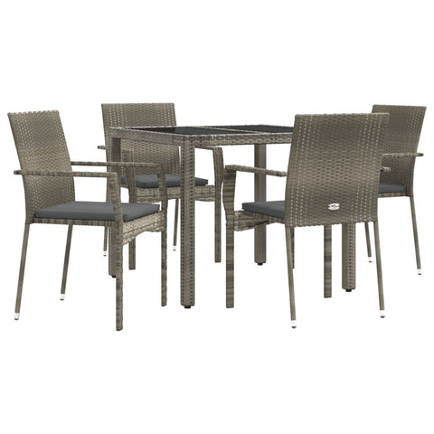 vidaXL 5-Piece Modern Patio Dining Set with Cushions, Gray Poly Rattan, Weather- and Easy-to-Clean, Tempered Glass Tabletop and Thickly Padded Cushions