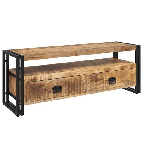 vidaXL Solid Mango Wood TV Stand 47.2"x13.8"x17.7" with Powder-Coated Steel Frame, Vintage-Style Television Cabinet with Two Drawers and Shelf, Brown