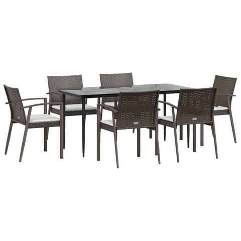 vidaXL Poly Rattan 7-Piece Patio Dining Set with Cushions and Steel Frame - Outdoor Garden Furniture Set with Tempered Glass Tabletop and Comfortable Chairs