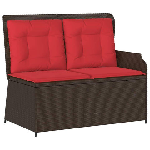 vidaXL Reclining Patio Bench with Cushions - Brown Poly Rattan Garden Lounge Adjustable Backrest, Thick Red Cushions