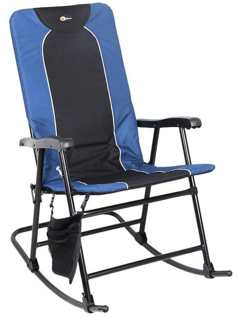 Faulkner Dakota Folding Rocking Chair – Blue/Black, 42.1" x 22", 300 lb Capacity, Padded Camping Chair with Side Pouch, Lightweight Steel Frame, Folds for Easy Carry