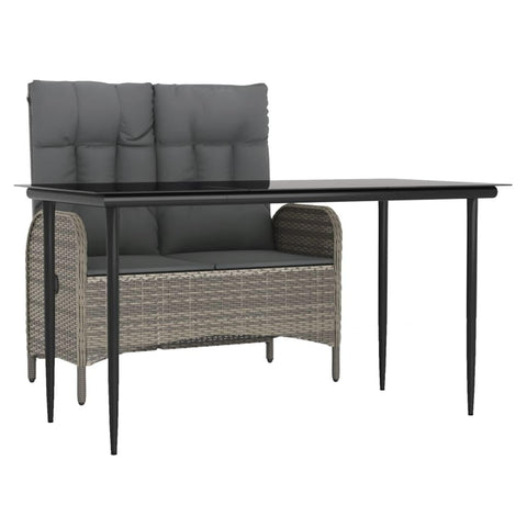 vidaXL 2 Piece Patio Dining Set - Gray Poly Rattan Bench Reclining Feature - Rectangular Black Table Tempered Glass Top - Outdoor Garden Patio Furniture with Cushions