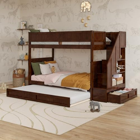 Dover Twin over Twin Staircase Bunk Bed with Storage Drawer and Twin Trundle in Walnut
